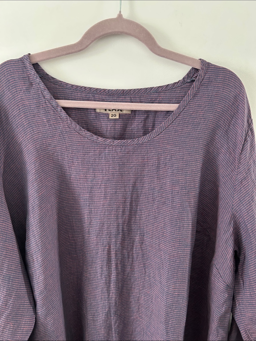 Flax Lavender Stripe Long-Sleeve Top Oversized Lagenlook Linen Coastal Popover - Picture 5 of 15